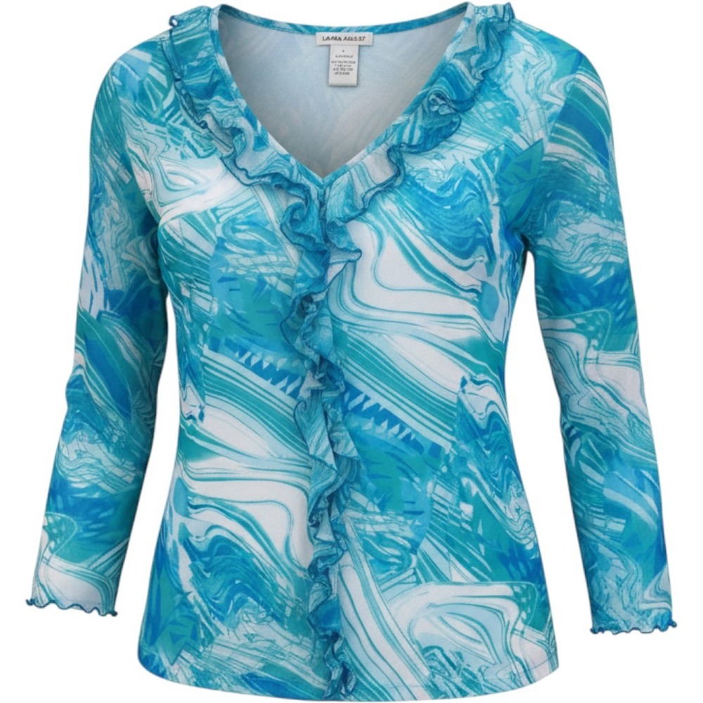 Laura Ashley Whimsigoth Y2K Blue White Marble Swirl Mesh Ruffle V Neck Top L  L
